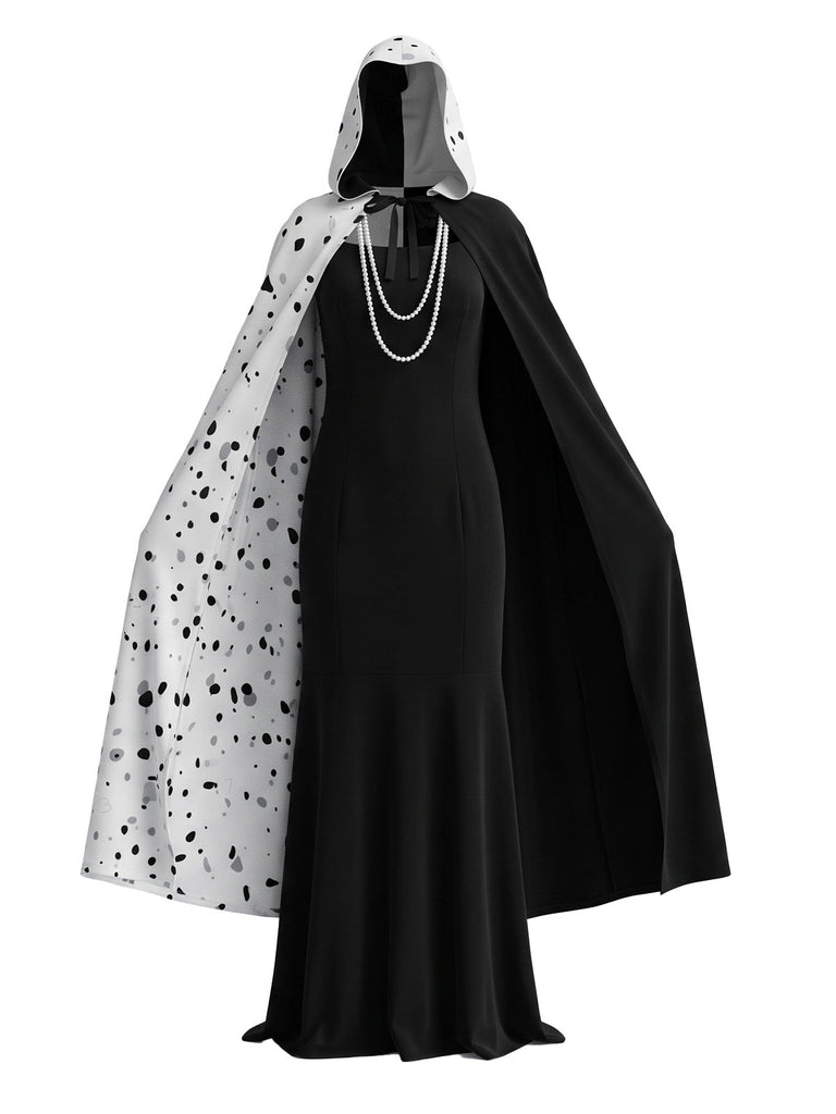 30er Cruella-inspiriertes Cape-Kleid-Set mit Polka-Dots