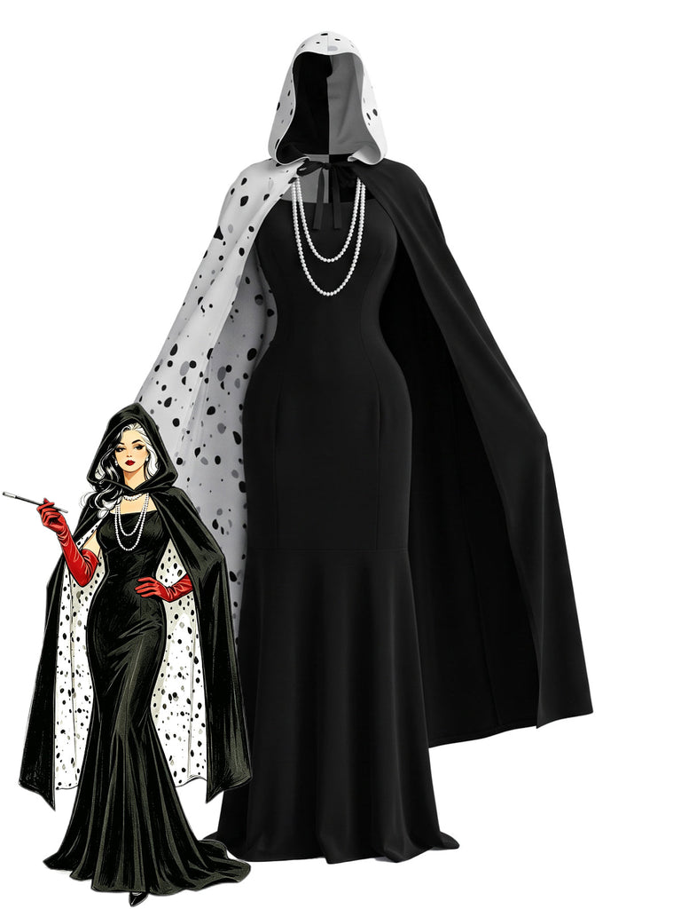 30er Cruella-inspiriertes Cape-Kleid-Set mit Polka-Dots