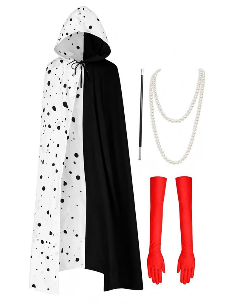 30er Cruella-inspiriertes Cape-Kleid-Set mit Polka-Dots