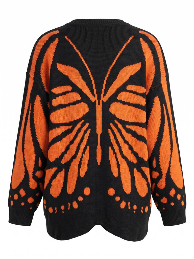 Orange 50er Strick-Cardigan mit Monarchfalter-Muster