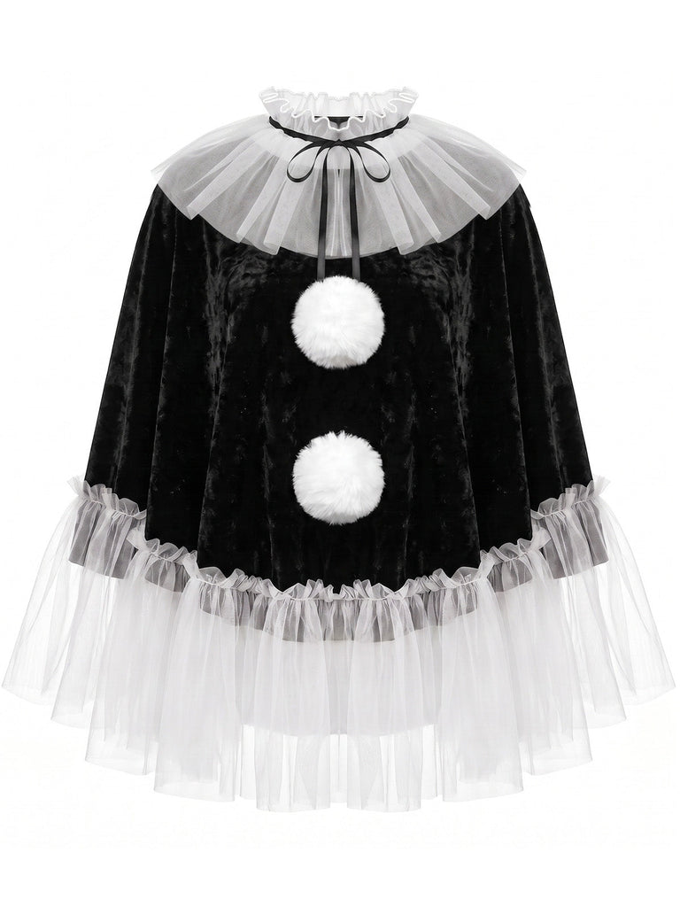 80er Gothic Set mit Samt-Cape, Tüll-Strumpfhose und Pompons
