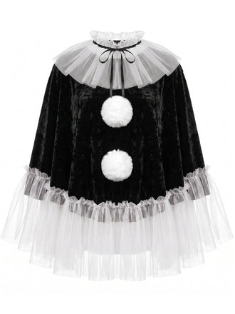 80er Gothic Set mit Samt-Cape, Tüll-Strumpfhose und Pompons