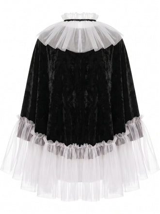 80er Gothic Set mit Samt-Cape, Tüll-Strumpfhose und Pompons