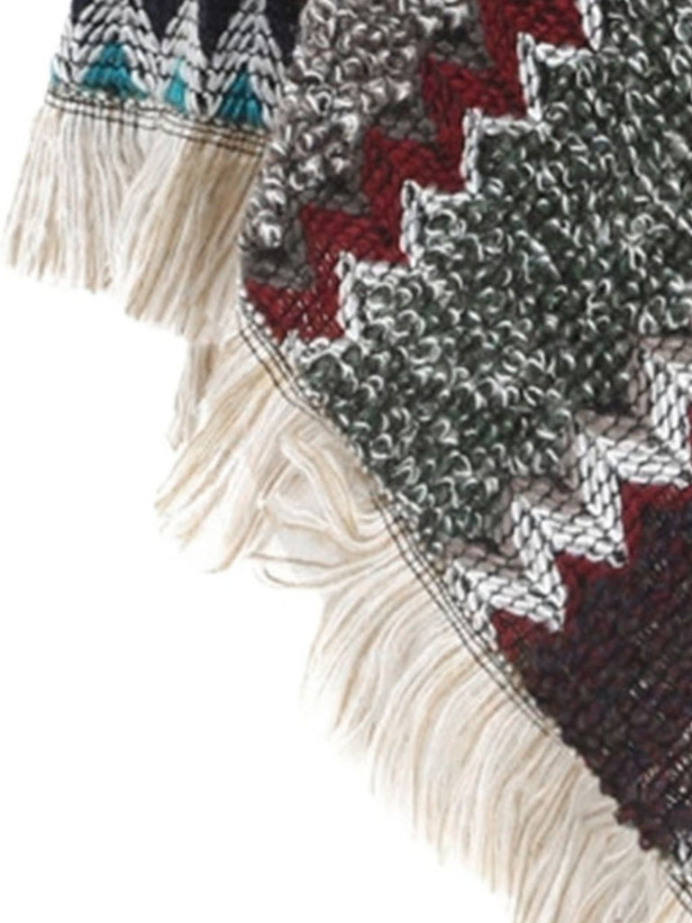 70er Boho Strick-Poncho mit Chevronmuster und Fransen