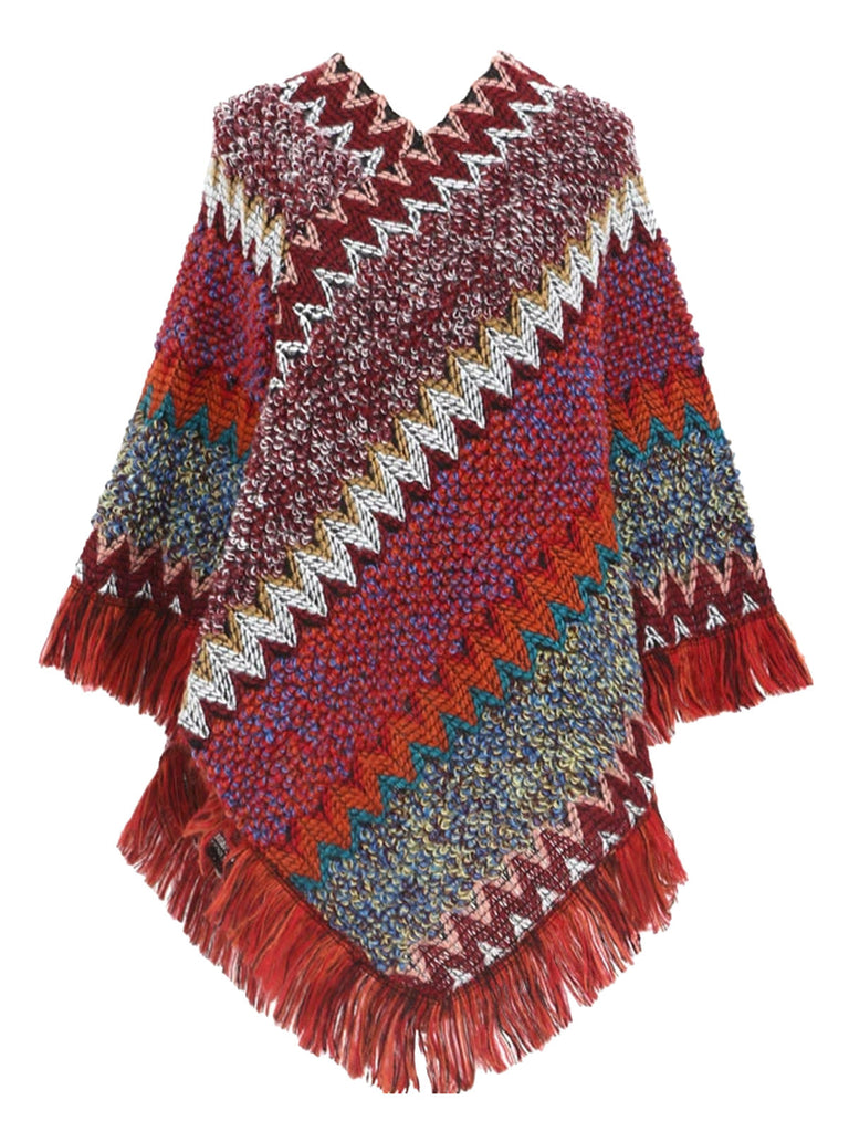 70er Boho Strick-Poncho mit Chevronmuster und Fransen
