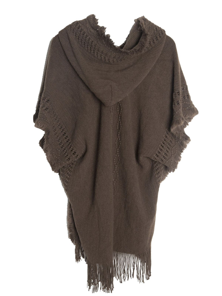 50er Boho-Strickponcho mit Kapuze, Knöpfen und Fransen