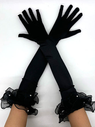 Schwarze Opernhandschuhe mit Perlen und Rüschen