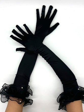 Schwarze Opernhandschuhe mit Perlen und Rüschen