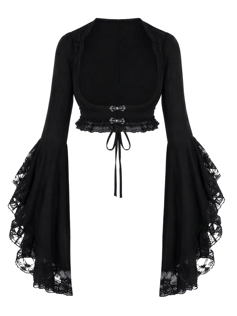 Schwarzes 70er Gothic Cape mit Spitze und Glockenärmeln