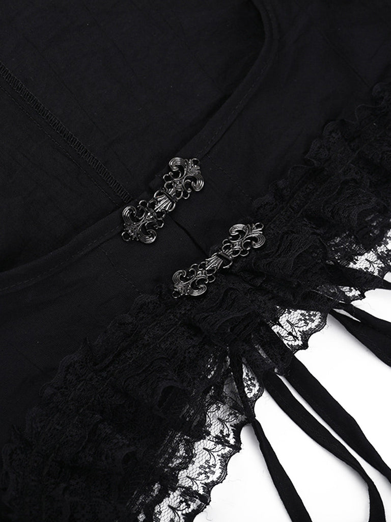 Schwarzes 70er Gothic Cape mit Spitze und Glockenärmeln