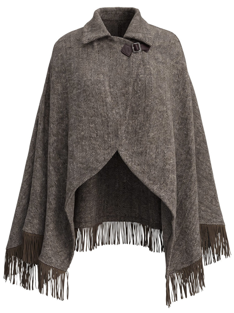 Braunes 70er Strickcape in Wolloptik mit Revers und Fransen
