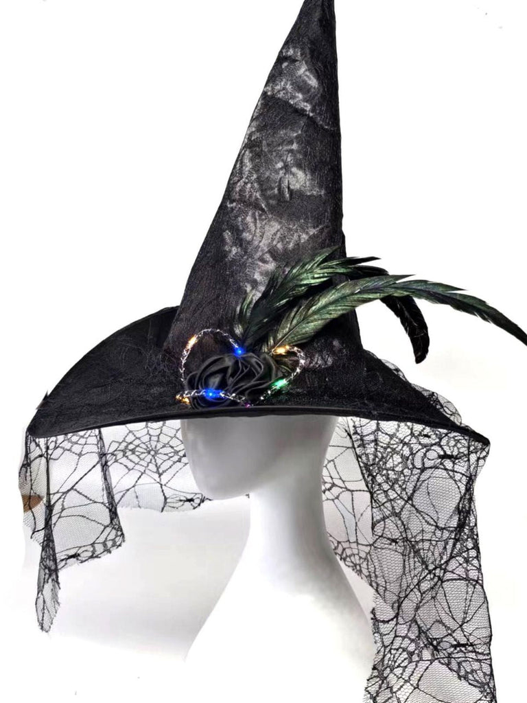 Halloween Hexenhut mit Spinnennetzspitze und Federn