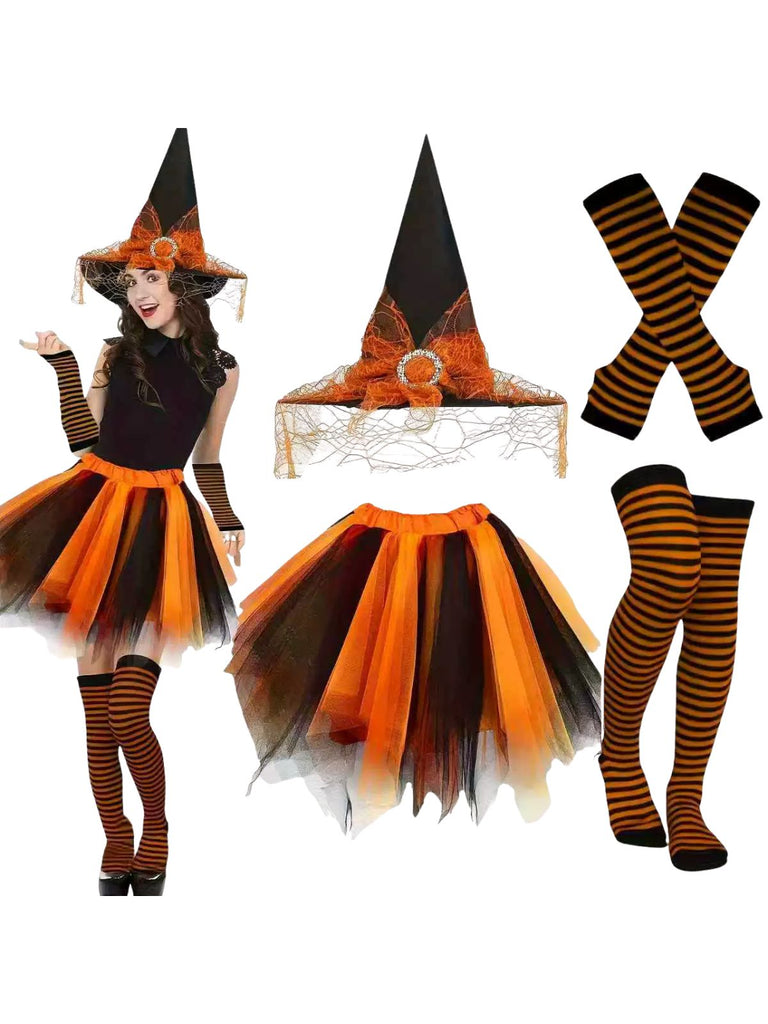 Halloween Accessoire-Set mit Hexenhut, Tutu und Streifenstrümpfen