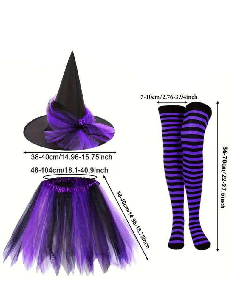 Halloween Accessoire-Set mit Hexenhut, Tutu und Streifenstrümpfen