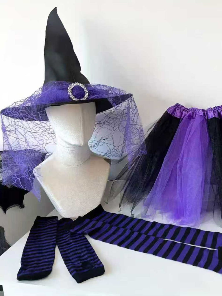 Halloween Accessoire-Set mit Hexenhut, Tutu und Streifenstrümpfen