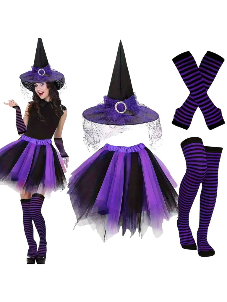 Halloween Accessoire-Set mit Hexenhut, Tutu und Streifenstrümpfen