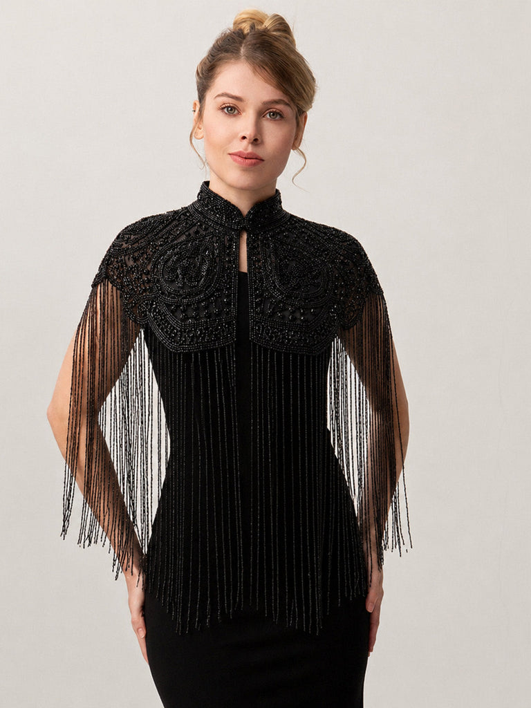 20er Gatsby-Capelet mit Stehkragen, Perlen und Fransen