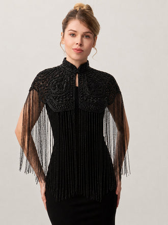 20er Gatsby-Capelet mit Stehkragen, Perlen und Fransen