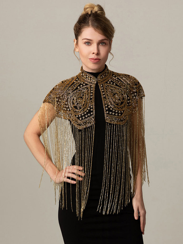 20er Gatsby-Capelet mit Stehkragen, Perlen und Fransen