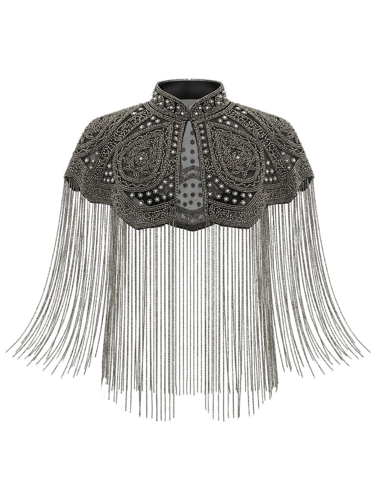 20er Gatsby-Capelet mit Stehkragen, Perlen und Fransen