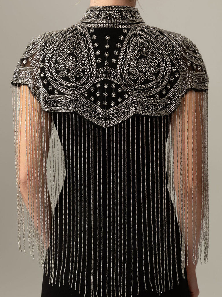 20er Gatsby-Capelet mit Stehkragen, Perlen und Fransen