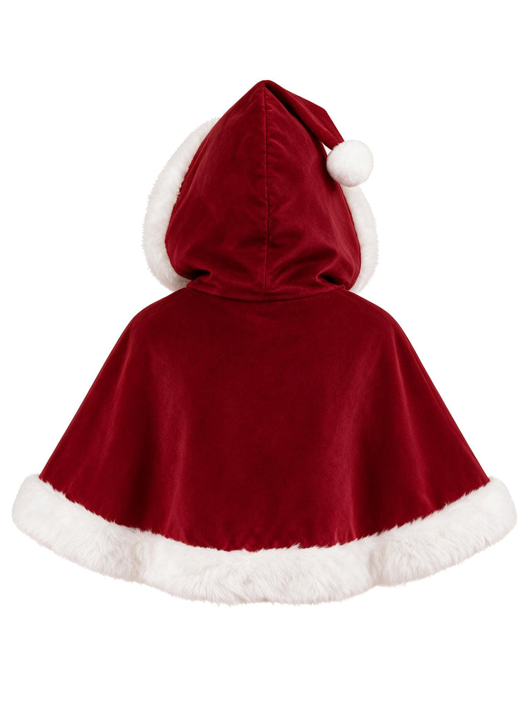 Rotes 50er Weihnachts-Kapuzencape mit Kunstfellbesatz