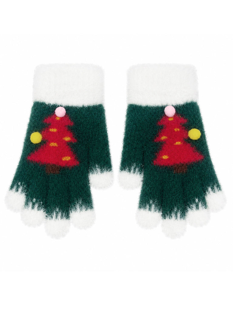 Fingerlose Weihnachts-Strickhandschuhe mit Tannenbäumen und Bommeln
