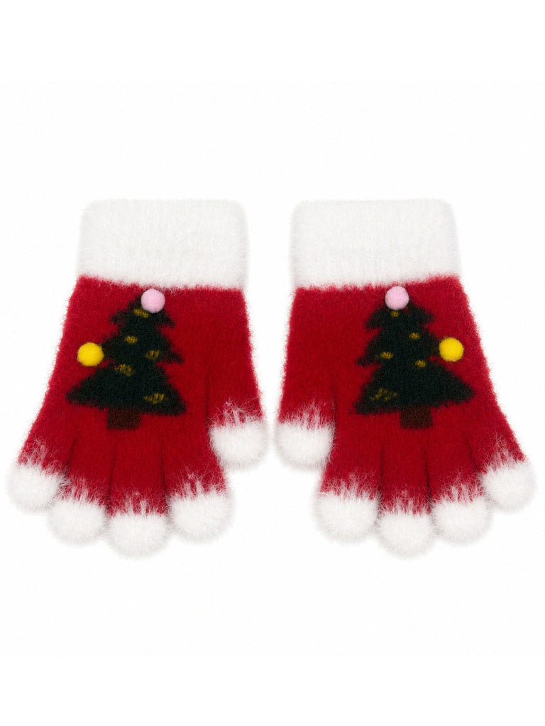 Fingerlose Weihnachts-Strickhandschuhe mit Tannenbäumen und Bommeln
