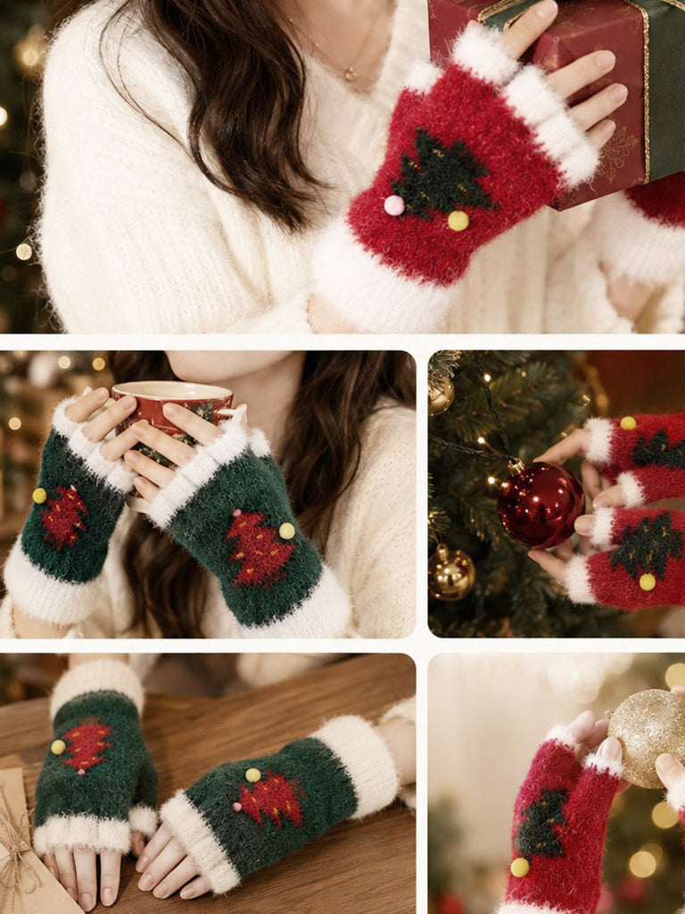 Fingerlose Weihnachts-Strickhandschuhe mit Tannenbäumen und Bommeln