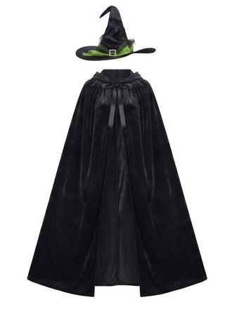 Schwarzes 80er Halloween Hexen-Cape mit Samt, Kapuze und Hut