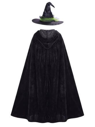 Schwarzes 80er Halloween Hexen-Cape mit Samt, Kapuze und Hut
