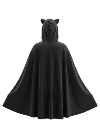 Schwarzes 80er Halloween Katzen-Cape mit Kapuze