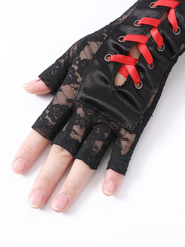 Schwarz Gothic Party Schnürung Hälfte Finger Handschuhe