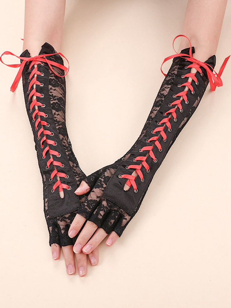 Schwarz Gothic Party Schnürung Hälfte Finger Handschuhe