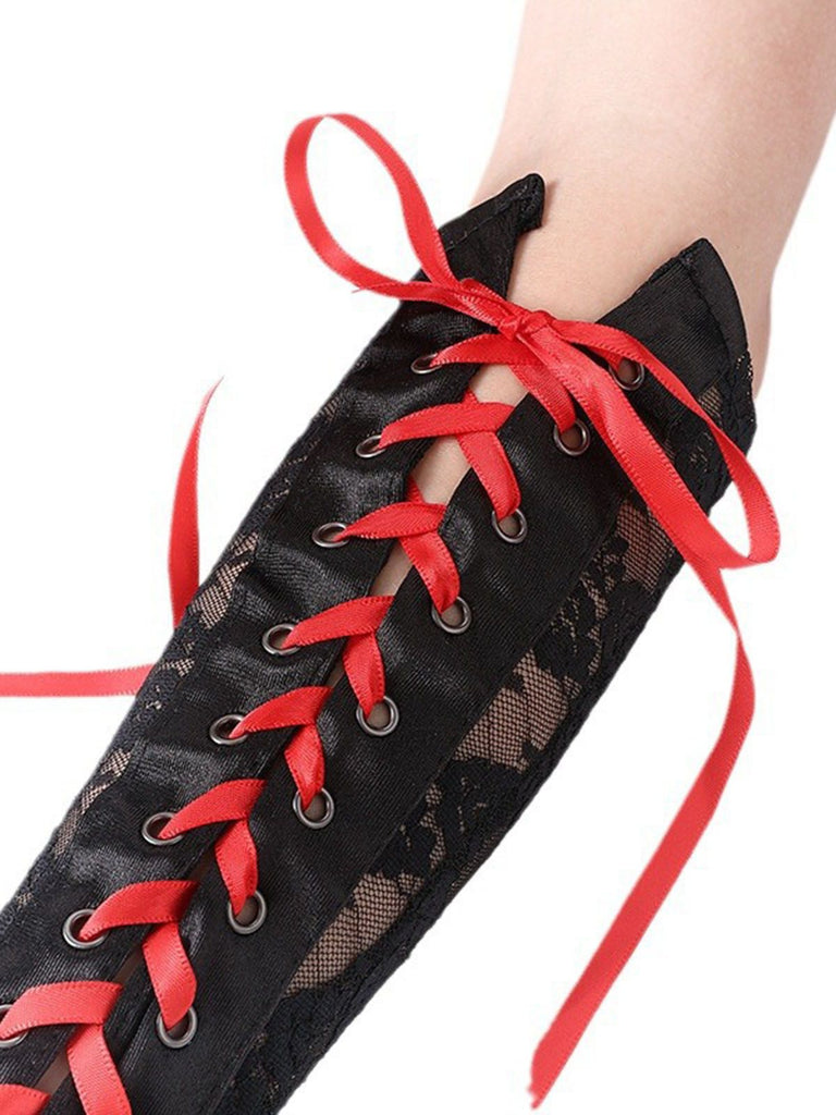Schwarz Gothic Party Schnürung Hälfte Finger Handschuhe