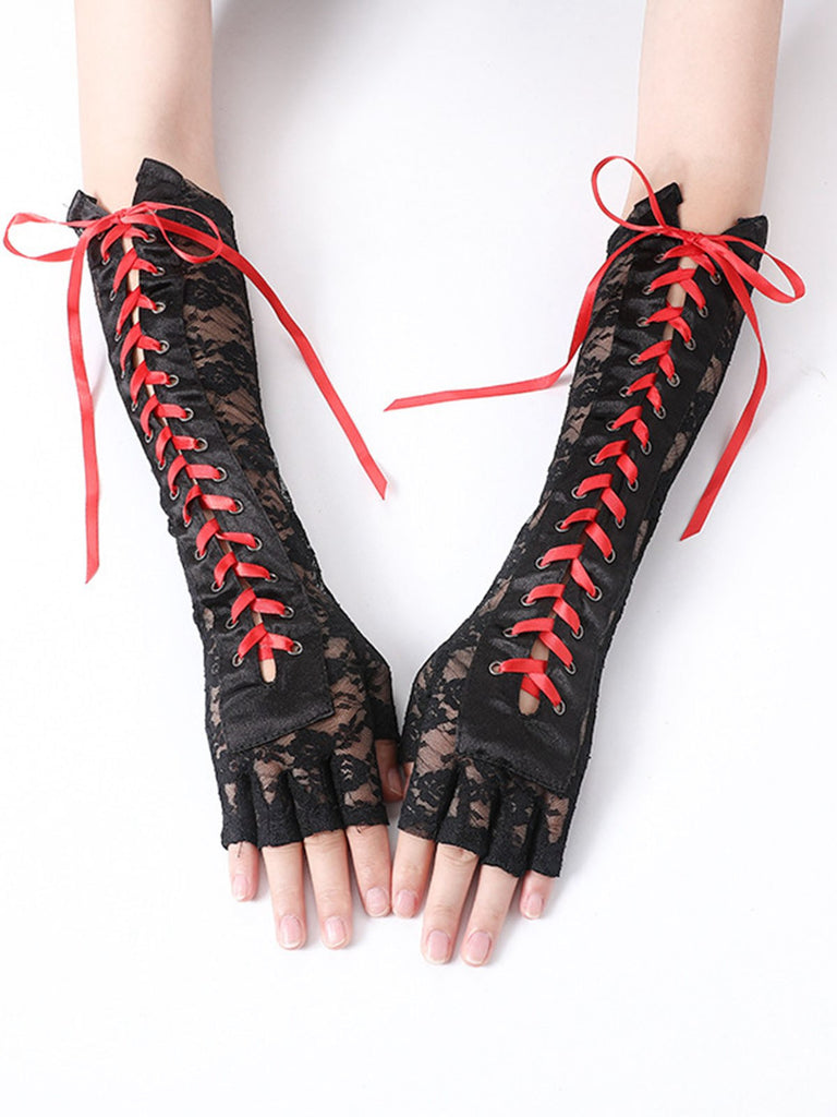 Schwarz Gothic Party Schnürung Hälfte Finger Handschuhe