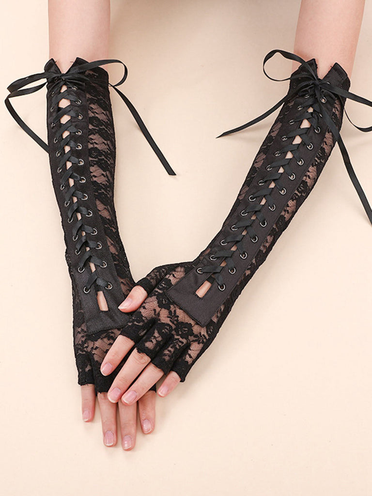 Schwarz Gothic Party Schnürung Hälfte Finger Handschuhe