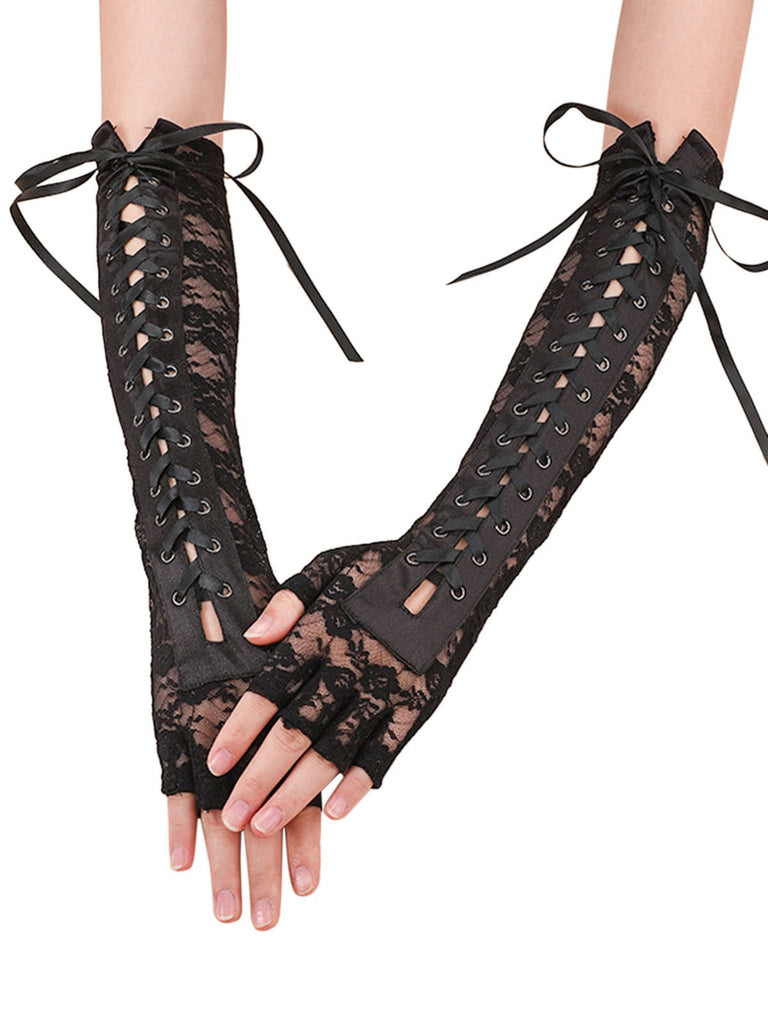 Schwarz Gothic Party Schnürung Hälfte Finger Handschuhe