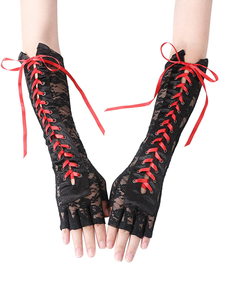 Schwarz Gothic Party Schnürung Hälfte Finger Handschuhe