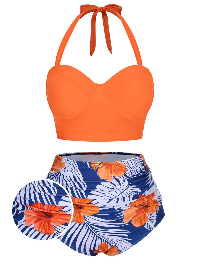 Orange 1940s Halter Blumen Gerafft Bikini Set