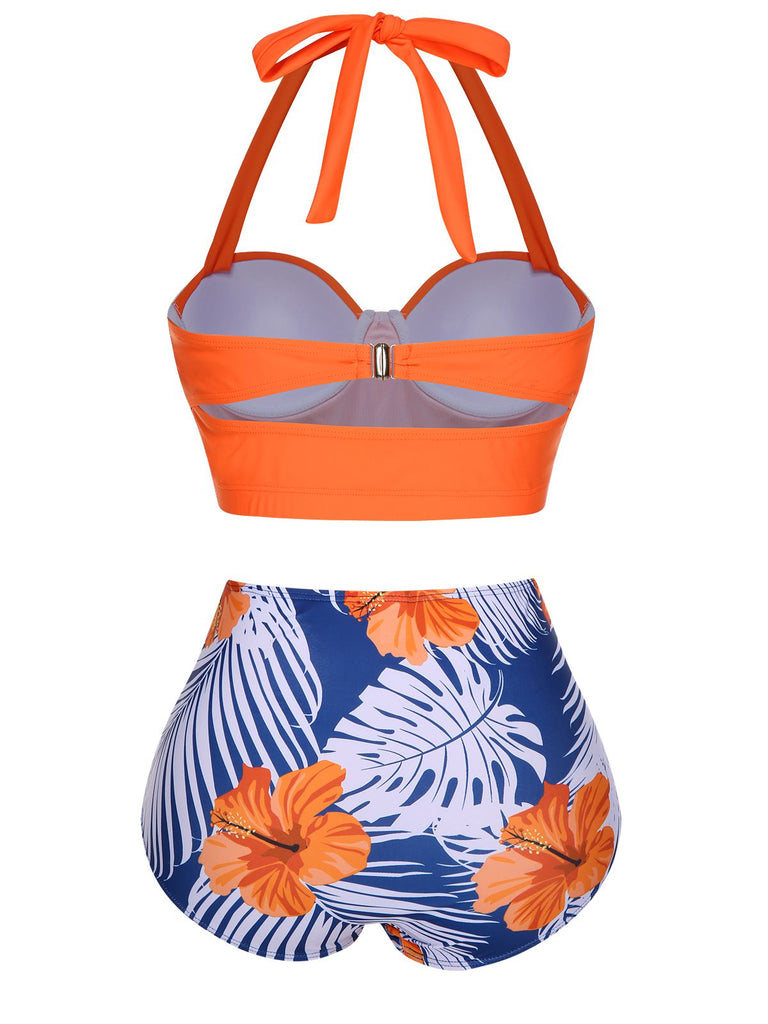 Orange 1940s Halter Blumen Gerafft Bikini Set