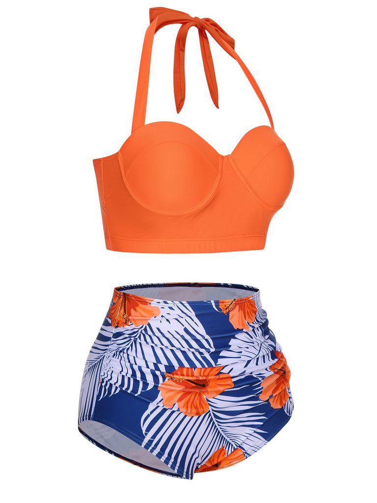 Orange 1940s Halter Blumen Gerafft Bikini Set