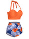 Orange 1940s Halter Blumen Gerafft Bikini Set