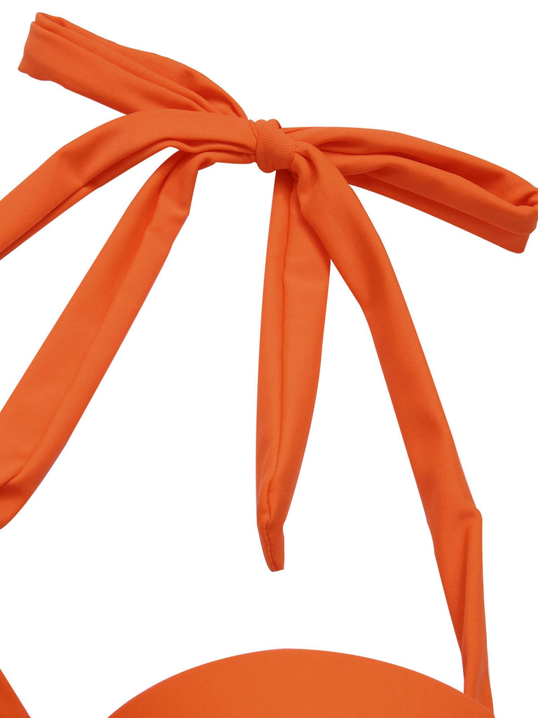 Orange 1940s Halter Blumen Gerafft Bikini Set