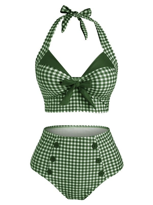 2PCS ROT PLAID NECKHOLDER BADEANZUG