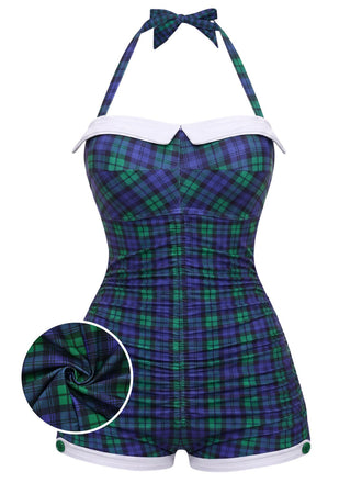 Blau & Grün Gingham 1950er Schleife Neckholder Badeanzug