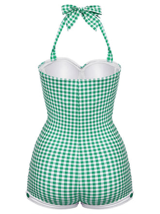 Hellgrün Gingham 1950er Schleife Neckholder Badeanzug