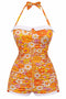 Orange 1950er Blumen Schleife Neckholder Badeanzug