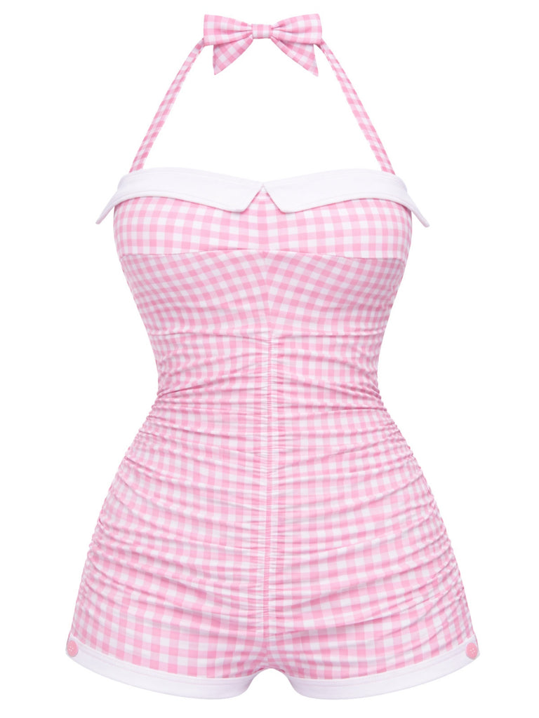 Gelb Gingham 1950er Schleife Neckholder Badeanzug
