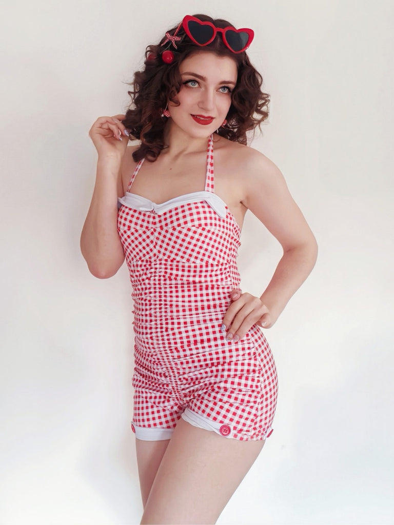 Rot Gingham 1950er Schleife Neckholder Badeanzug